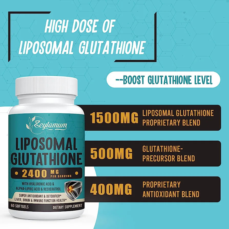 美國製造 Zeylamum 2400 MG Liposomal Glutathione  脂質體 穀胱甘肽  Softgels, Max Absorption, Active Form L-Glutathione Reduced (GSH), with Hyaluronic Acid, Resveratrol, Master Antioxidants for Detox, Brain, Immune System